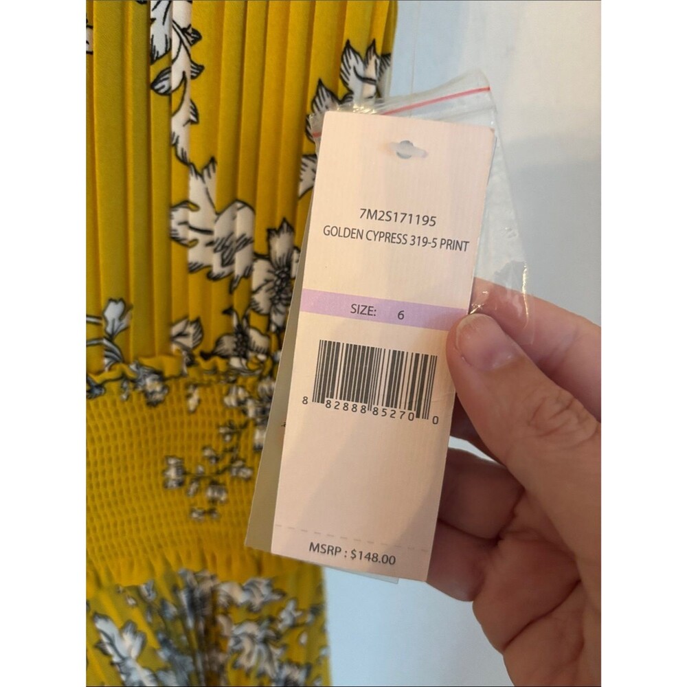 Nanette Lepore smocked high neck Sleeveless Mustard Floral Pleated Midi Dress 6 - Picture 6 of 12